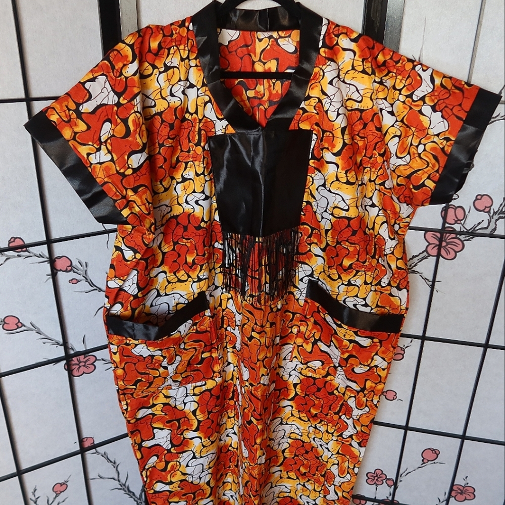 African Women Bubu Kaftan Orange and Black w/Scarf XL NWOT